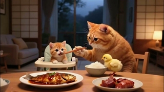 گربه مادر و بچه گربه، جوجه گمشده‌ای را نجات دادند و به او کمک کردند تا راه خانه‌اش را پیدا کند