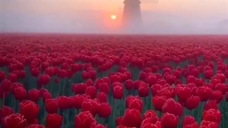 مزارع معروف لاله ها در هلند در سپیده دم شبیه یک افسانه است